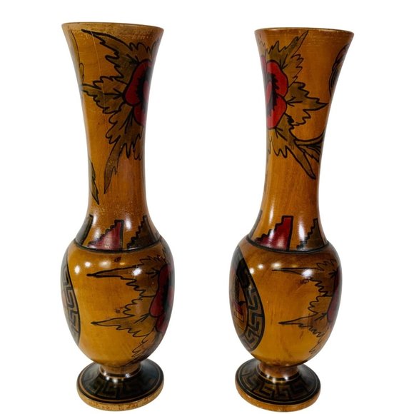 Vintage Set of 2 Wooden Vases Roses Floral Landscape South Western Mexican Decor - Picture 3 of 16